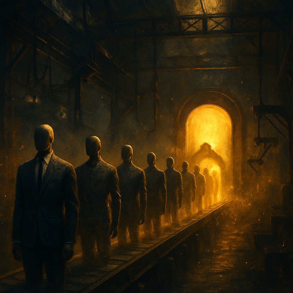 A conveyor line carrying suited figures out of a glowing golden archway in a dark industrial hall, each one more fully formed than the one behind it.