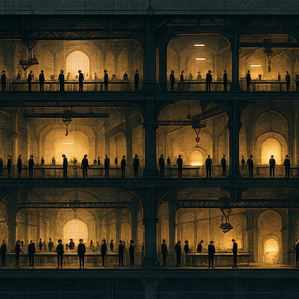 A cutaway of a multi-level factory, every floor lit gold with rows of figures working along the benches.